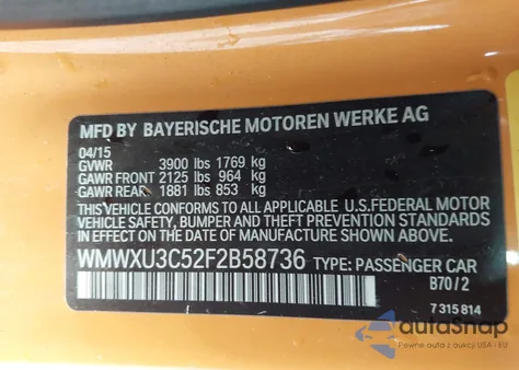 2015 Mini Hardtop Cooper S from USA, damaged, VIN WMWXU3C52F2B58736
